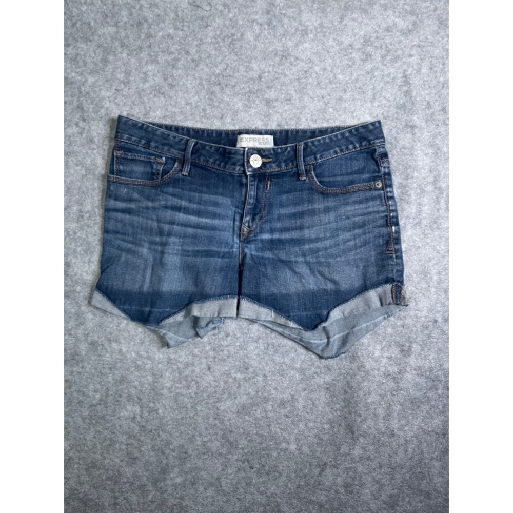 Express Jeans Women Dark Wash Denim Shorts Cuffed‎ Raw Hem Size 4 Low Rise